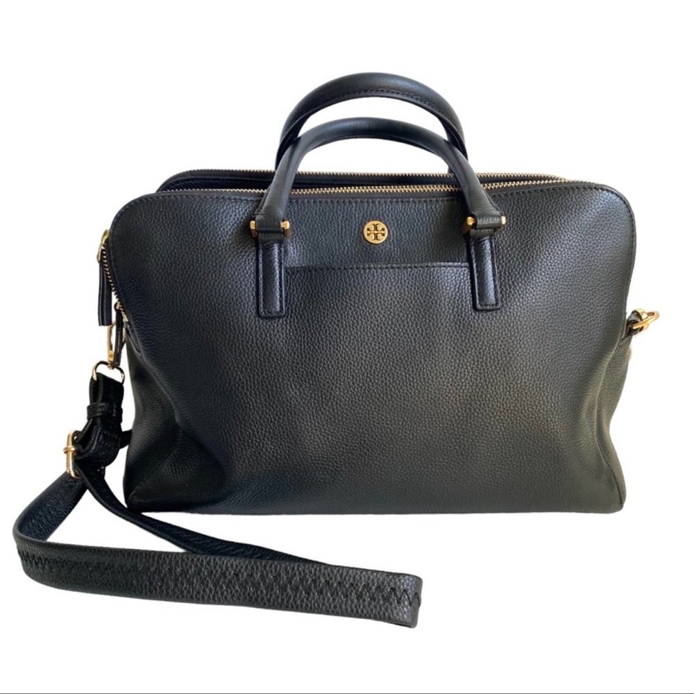 Tory Burch Double zip black leather satchel bag medium purse.
